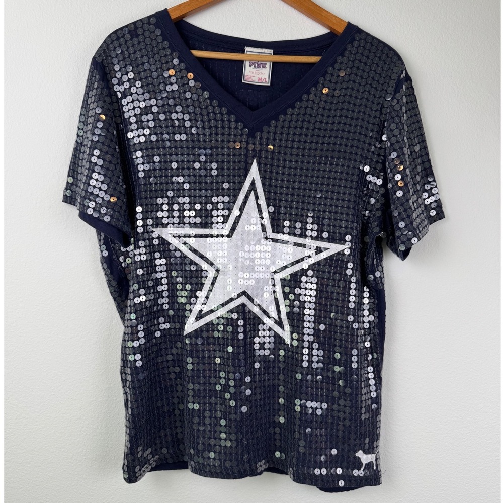 PINK Dallas Cowboys Shirt Women M/L Navy Blue Excellent Sequin NFL V-Neck Rare